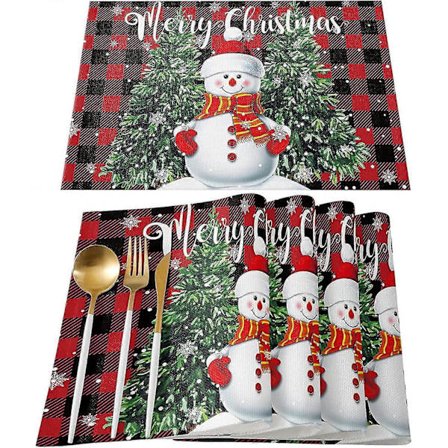 Lumikko Pöytätabletit, 4 kpl, Hyvää Joulua Söpö Lumikko ja Joulukuusi Punainen ja Musta Buffalo Ruudullinen Puuvilla Pellava Pöytätabletit