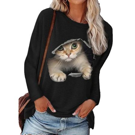 Kvinnor Rundhalsad Tröja Cat Casual Långärmad Topp T-shirt