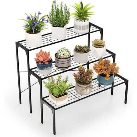 COSTWAY 3-lags plantehylde i metal, 85 x 65 x 66 CM, plantestativ/blomsterstigehylde til indendørs/udendørs