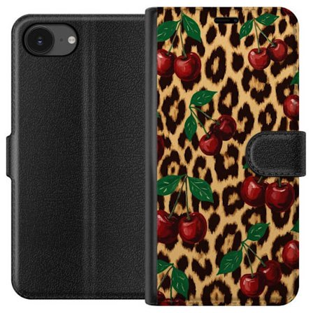 Kompatibel Tegnebogsetui til Apple iPhone 16e Kirsebær leopardmønster kirsebær kirsebærtryk leopardbaggrund retro rockabilly pinup-stil design