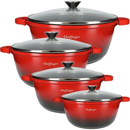 Gryderetter - CHEFFINGER - Sæt med 4 - Non-stick Marmor - Silikonehåndtag - Transparent Låg