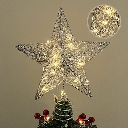 Juletrær Toppstjerne Med Lys, Glitrende Juletre Topp Med LED Lampe Ornament Fest Hjem Decor Julepynt