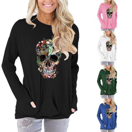Dam T-shirt Skalle Casual Lös Långärmad Tunikatopp