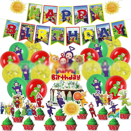 Teletubbies tema Happy Birthday dekoration festartikler inkluderer Happy Birthday banner Wballoner cupcake toppers kage topper til drenge og (FMY)