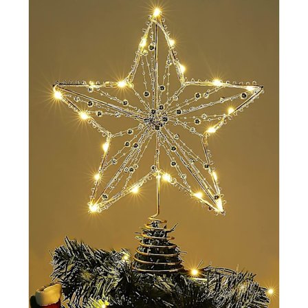 Juletrærtopp med strengperler stjerne med LED-lys, batteridrevet