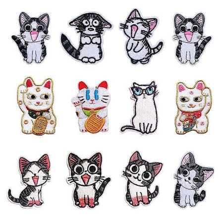 Et sæt med 12 broderi mærker små dyre stof klistermærker søde killing broderi klistermærker tøj strygning huller reparation computer broderi