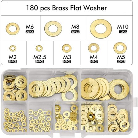 180 stk flate skiver, messing flate skivepakning sortiment, M2 M2.5