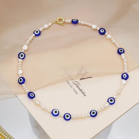 Wabjtam Farverig Perle Choker Halskæde Til Kvinder Ferskvandsperle Choker Halskæde Boho Håndlavet Rustfrit Stål Y2k Trendy Smykker Gave Blå