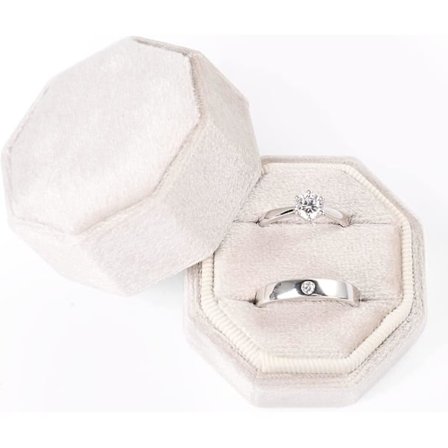 Fløyelsringboks, åttekantet nydelig vintage dobbel smykke ring gaveeske med avtakbart lokk for frieri, forlovelse, bryllupsseremoni (beige)