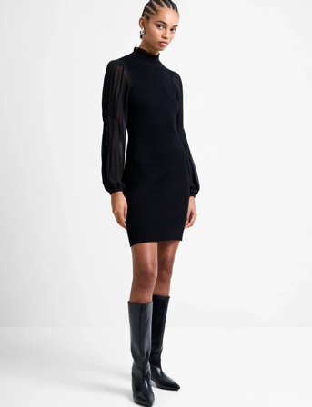 French Connection Krista Mix Ls Short Dress - Black - L