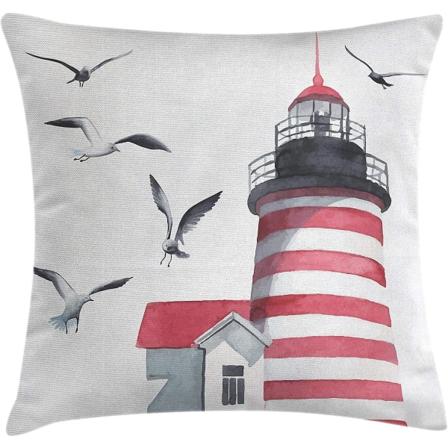 Lighthouse Cover, fyr och måsar på stranden Navigationshjälp Seaside Waterways Art, 18" X 18", Rosa Grå