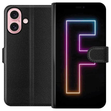 Yhteensopiva Lompakkokotelo Apple Apple iPhone 16 Neonkirjain F vaaleanpunaisella, sinisellä ja keltaisella valokehyksillä tummaa taustaa vasten, gr
