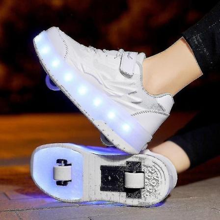 Kid Wheels Shoes Roller Skate Shoes 2 Wheels Child Deform Sneakers Outdoor Sport Deformation Parkour Runaway Boy Girl Youth Gift White grey 30