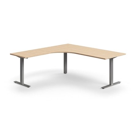 Skrivebord QBUS, L-formet, 2000x2000 mm, T-stel, sølvfarvet stel, eg