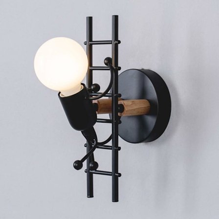 Kreativ LED Væglampe Massivt Træ Dekorationer Tegneserie Dukke Væglampe til Baby Børn Soveværelse Stue Gang Loft Væglampe Loftlampe E27, Sort