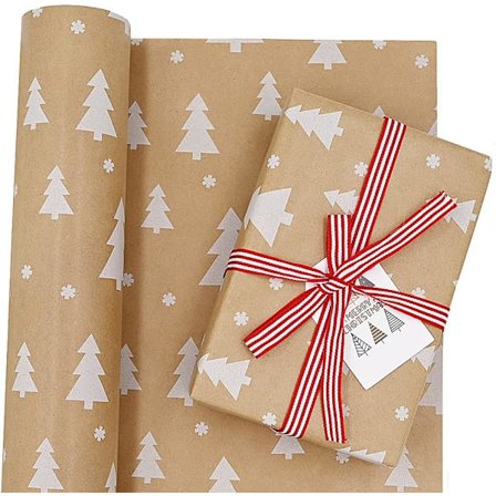 43cmx15M Rullepakke Julegavepapir, Kraftpapir med Juletræ Genanvendeligt Gavepapir