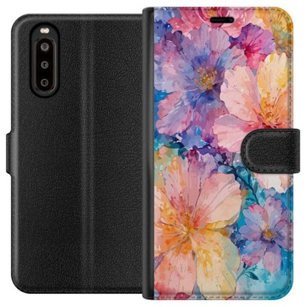 Yhteensopiva Lompakkokotelo Sony Sony Xperia 10 II Vesivärimaalaus suurilla kukilla vaaleanpunaisissa, sinisissä ja keltaisissa sävyissä pehmeäss