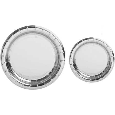 100-pack silvermetalliska foliepapperstallrikar | 50 ~ 9" middagspapperstallrikar | 50 ~ 7" dessertpapperstallrikar silverfesttema