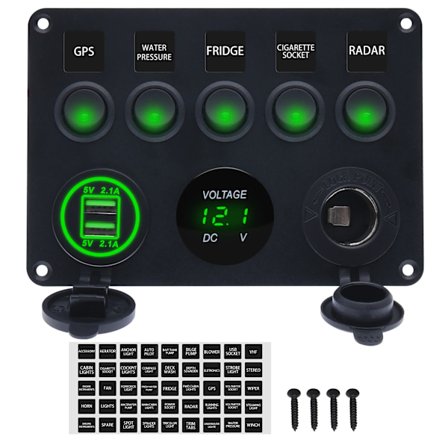 LED Rocker Switch Panel Med Digital Voltmeter Dubbel USB Port 12V Uttag Kombination Vattentät Switchar