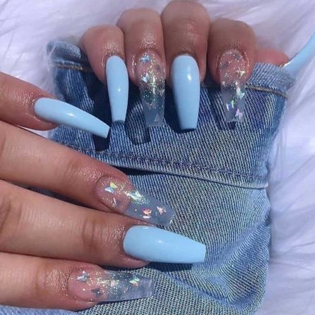 Ballerina Tryk på Negle Lang Glansfuld Blå Falske Negle Sommerfugl Akryl Kunst Fuld Dækning Falske Negle Stik på Negle til Kvinder og Piger(24Pcs)