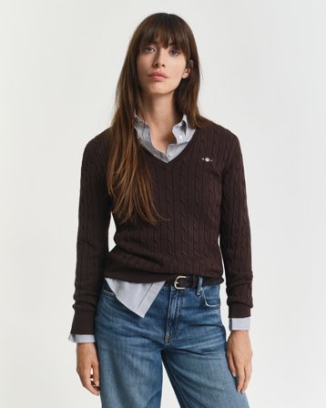 GANT Damen Zopfstrick V-Neck Pullover aus Stretch-Baumwolle (M) Braun