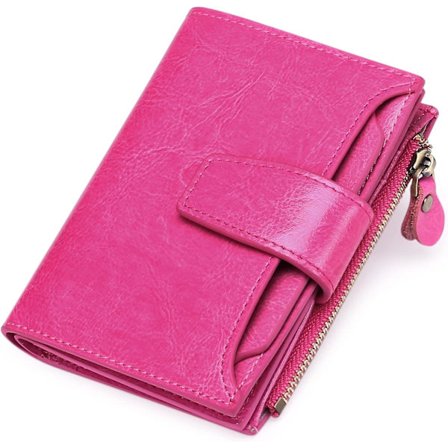 Damportfölj i äkta läder (rosröd) - tunn plånbok för kvinnor med dragkedja