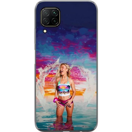 Kompatibel Mobilcover til Huawei P40 lite Blond kvinde i farverigt strandtøj, der leger i havet ved solnedgang