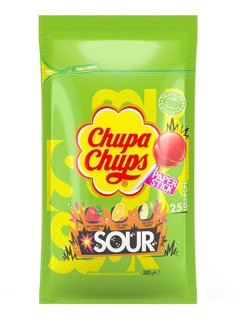 Chupa Chups mixed lollipops in a bag with the flavors of sour apple, sour lemon and sour strawberry 0.3kg
