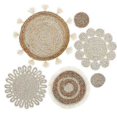 6 STK Boho Vægkurv Dekorationssæt Vævet Rattan Flade Kurve Væghængende Dekor Håndlavede Kvaster Blomster Vægkurve Dekor