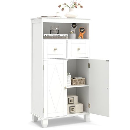 COSTWAY Badeværelseskolonne med 2 Skuffer, Skab med 2 Døre, Åbent Rum, Justerbar Hylde til Stue, Køkken, Hvid