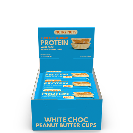 Proteinbars Låda Nutry Nuts Protein Peanut Butter Cups 42 g, White Chocolate - Bodyman.dk