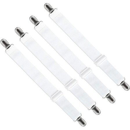 Justerbara lakansträckare (65 cm till 200 cm), justerbara remfästen för lakan, soffa, strykbrädesöverdrag (vit, 4-pack)