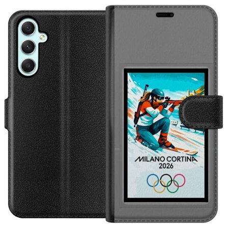Kompatibelt Lommeboketui til Samsung Galaxy A34 Retroplakat Cortina Milano 2026 med fjell, vintersportsutøvere, italienske trikolor, Milano-katedralen