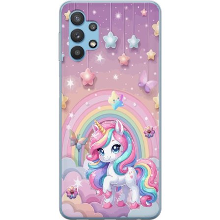 Kompatibel Mobilcover til Samsung Galaxy A32 5G Magisk enhjørning med regnbue manke, stjerner og sommerfugle mod en pastelfarvet himmel med skyer