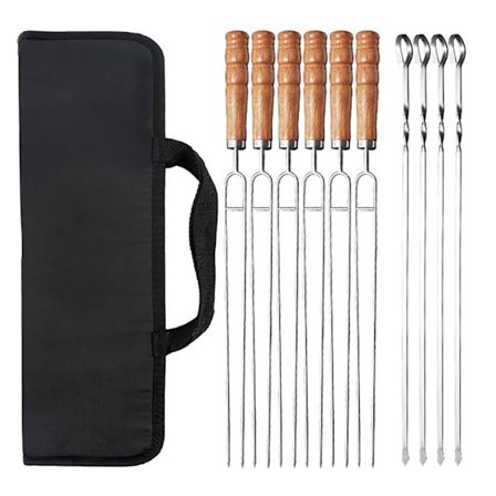 Grillspyd med Træhåndtag, 201 Rustfrit Stål, U-Formet, Genanvendelig BBQ Gaffelpinde