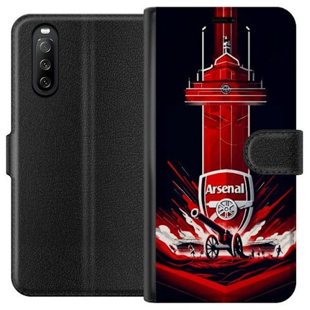 Yhteensopiva Lompakkokotelo Sony Xperia 10 III Arsenal-embleemi, jossa tykki ja stadionmotiivi voimakkaassa punaisessa ja valkoisessa urheilusuunnitte