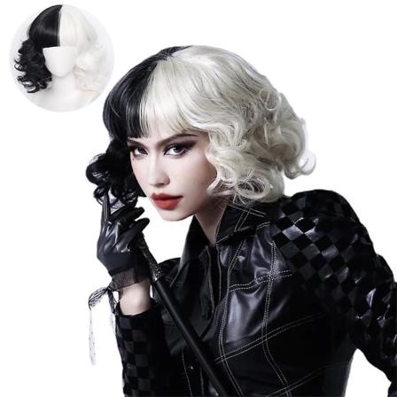 Kvinner Svart og hvit parykk Cruella De Vil Cosplay Kort Bølget Bob Parykker Med smell Halloween Party Parykker