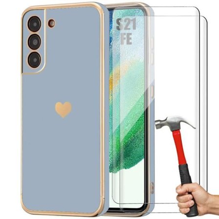 Coque - Booling - för Samsung Galaxy S21 FE - Stötabsorberande Silikon - 2 Härdat Glas - Guld Hjärt Mönster