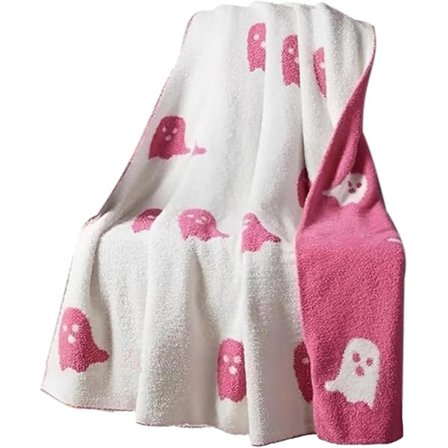 Halloween Pink Ghost Tæppe Super Soft Reversible Flannel Tæppe til Alle Sæsoner Kawaii Cute Plys Tæpper til Sofa Halloween Dekorationer,100*150