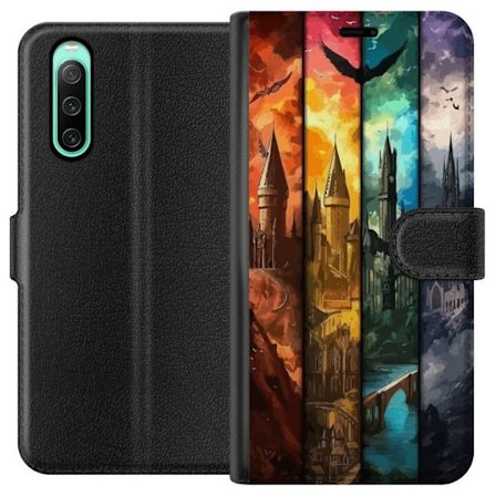 Kompatibel Tegnebogsetui til Sony Sony Xperia 10 IV Fire magiske slotte i forskellige elementfarver, episk fantasykunst med ild vand luft og mørke i