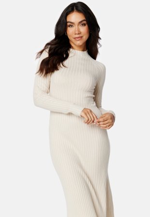 Happy Holly Yazmin fine knitted rib dress Light beige Klær