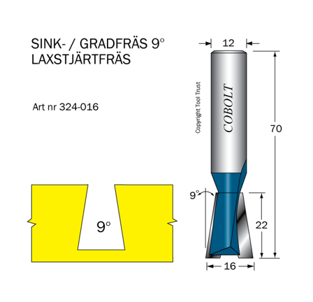 Cobolt 324-016 Sinkfres 9° D=16 L=22 TL=70 S=12, Maskintilbehør & forbruk
