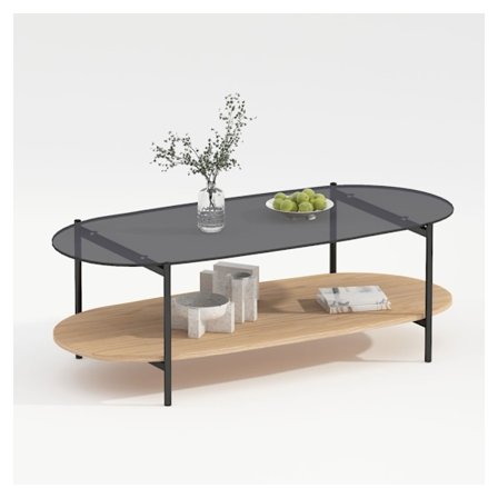 Sofabord CINDY 120x55xH40cm, gråt glas/melamin eg