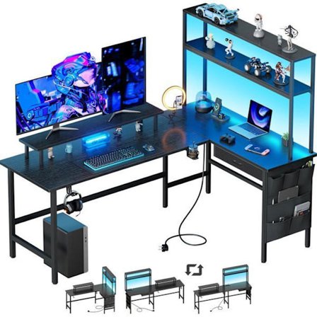 HLONONE 170 cm LED-pelipöytä, L-muotoinen kulmapöytä laatikoilla ja säilytyspusseilla, integroitu sähköpistoke ja USB-portti, Musta