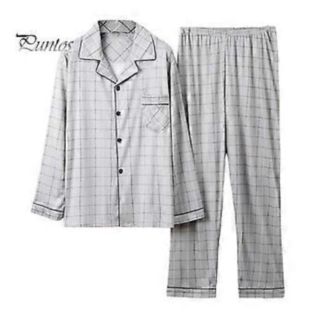 2 st/set Herr Pyjamas Set Rutigt Tryck Kavajslag Långärmad Enkelknäppt Skjorta Elastisk Midja Långbyxor Set Lös Passform Loungewear Kostym (L ljusgrå)