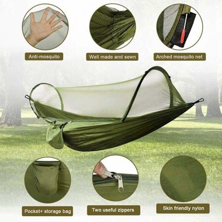 Army Green Hammock with Mosquito Net, 300kg Load Capacity, Quick-Drying, Lightweight, Includes 2 Carabiners 2 Straps for Camping, Garden Outdoor Use