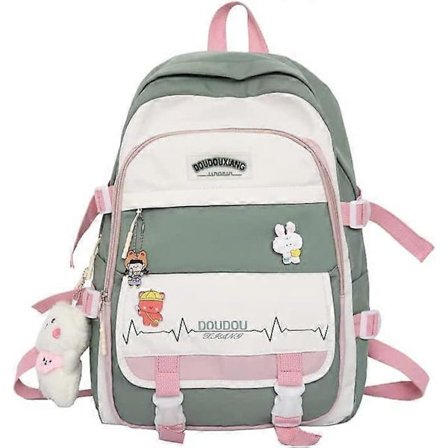 Söt Ryggsäck för Skolan Ryggsäck med Nål och Tillbehör Ryggsäck Söt Estetisk Ryggsäck (Grön)