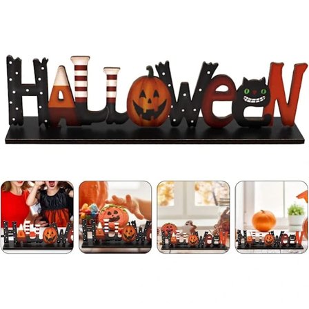 Græskarlygte Dekoration i Træ til Skrivebord, Dekorativ Bordpynt til Middagsbordet, Hylden, Spøgelsesslot, Festdekoration