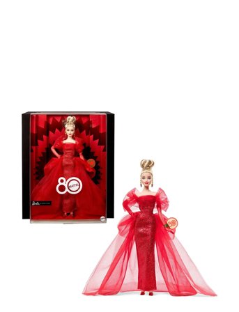 Signature Collectible Doll For Mattel 80Th Anniversary, Glittery Red Tulle Gown, Blonde Hair Red Barbie