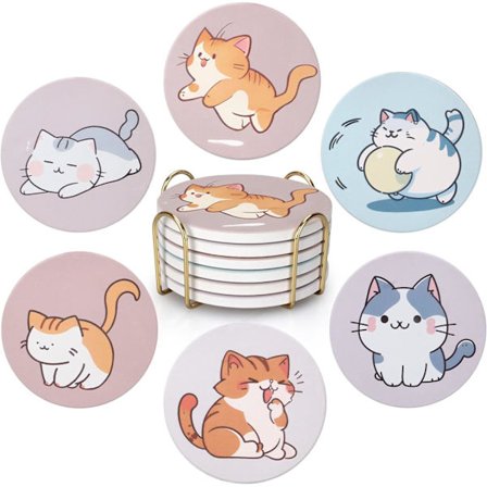 Katteelskeres 6-delers keramiske coastersett med holder - Søtt Kawaii Anime Kattdesign, Sklisikre drikkebrikker for kaffebord, kontor